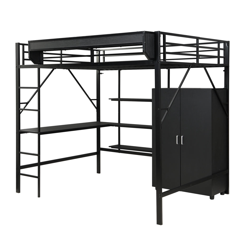 Letto a soppalco ULEVR 140x200 cm con scrivania, armadio integrato e ripiani, metallo e MDF nero