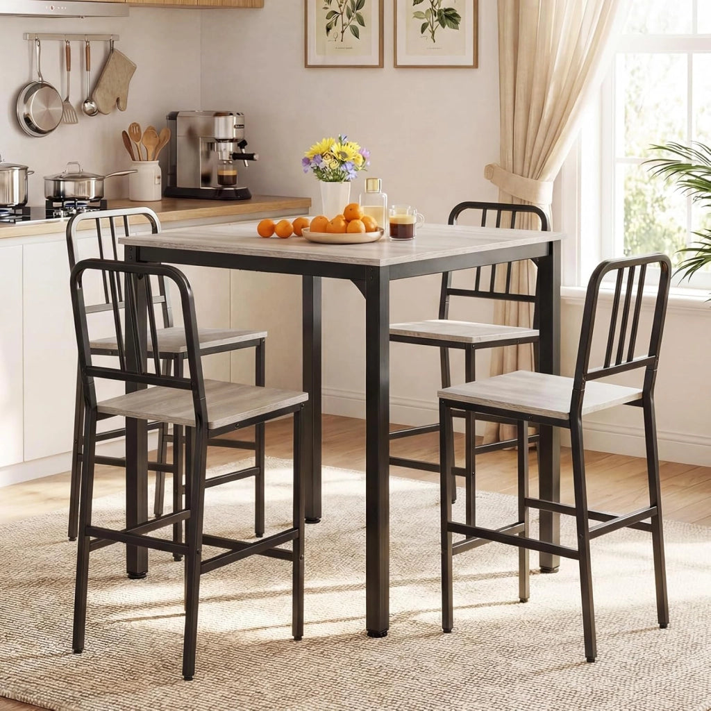 Set da Pranzo per 4 Persone, Set Cucina Bar 5 Pezzi con Superficie in Finto Marmo, Tavolo Quadrato in Legno e 4 Sgabelli Alti per Angolo Colazione e Sala da Pranzo (Grigio)