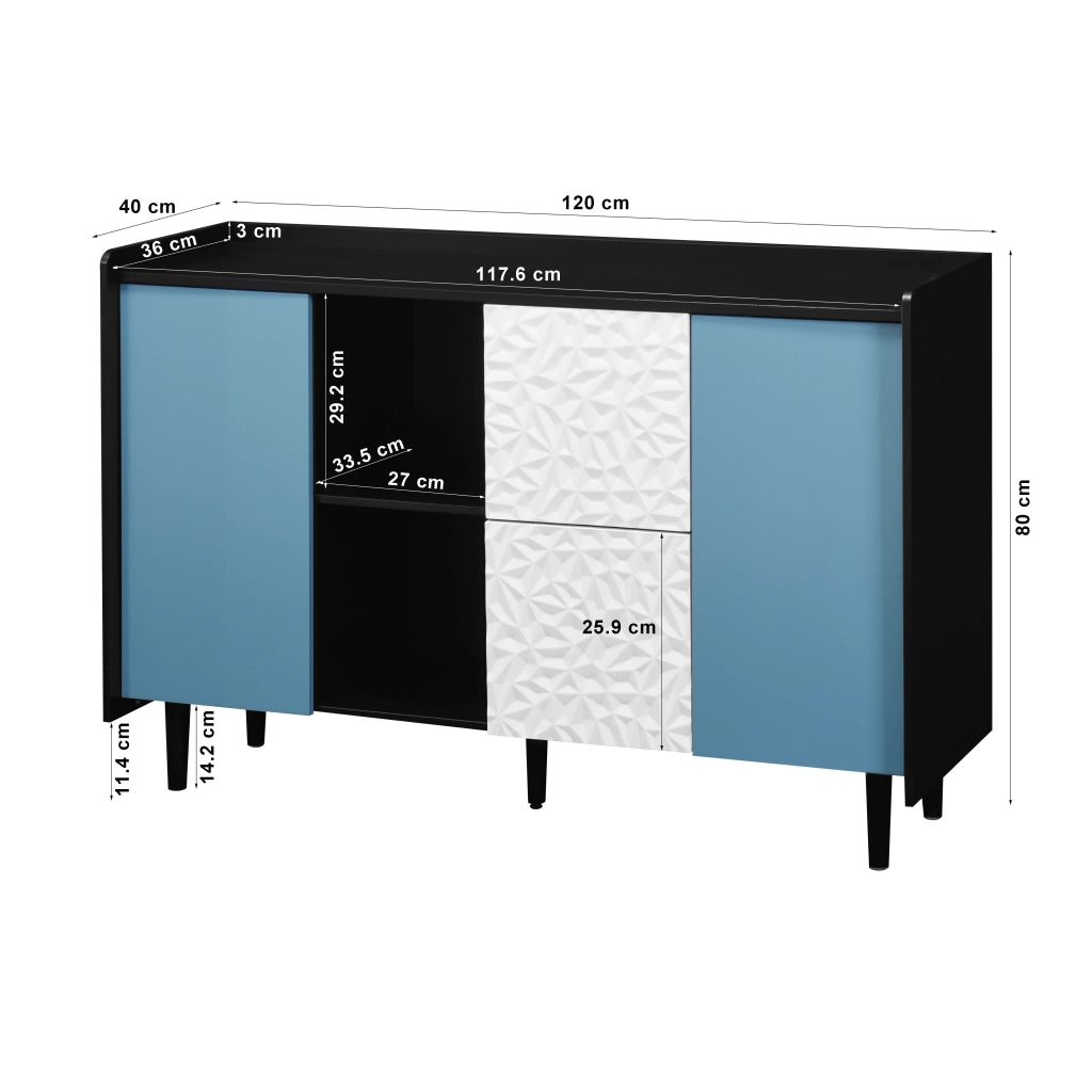 Credenza con 2 Cassetti; 2 Vani Aperti e 1 Anta per Cucina in MDF 120 × 40 × 80 cm Nero e Blu