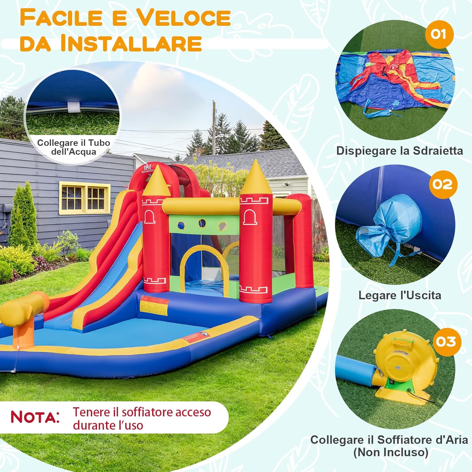 Castello Gonfiabile, Casa Gonfiabile con Scivolo, Piscina, Parete da Arrampicata, Trampolino e Cannone d'Acqua, con ventilatore, per Bambini di 3-10 Anni, 624 x 270 x 235 cm