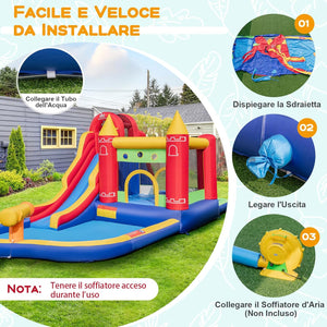 Castello Gonfiabile, Casa Gonfiabile con Scivolo, Piscina, Parete da Arrampicata, Trampolino e Cannone d'Acqua, con ventilatore, per Bambini di 3-10 Anni, 624 x 270 x 235 cm
