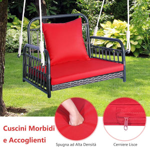 Altalena da Giardino in Rattan PE, Sedia Pensile con Cuscino e Schienale, Altalena per Portico con Telaio Metallico e 2 Corde, Portata 180 kg, per Giardino (Rosso)