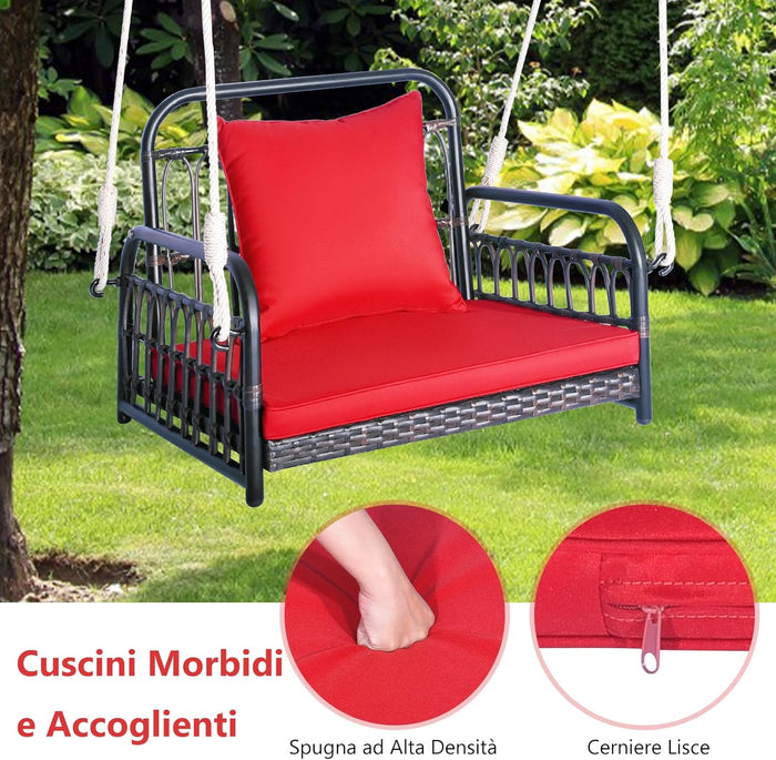 Altalena da Giardino in Rattan PE, Sedia Pensile con Cuscino e Schienale, Altalena per Portico con Telaio Metallico e 2 Corde, Portata 180 kg, per Giardino (Rosso)