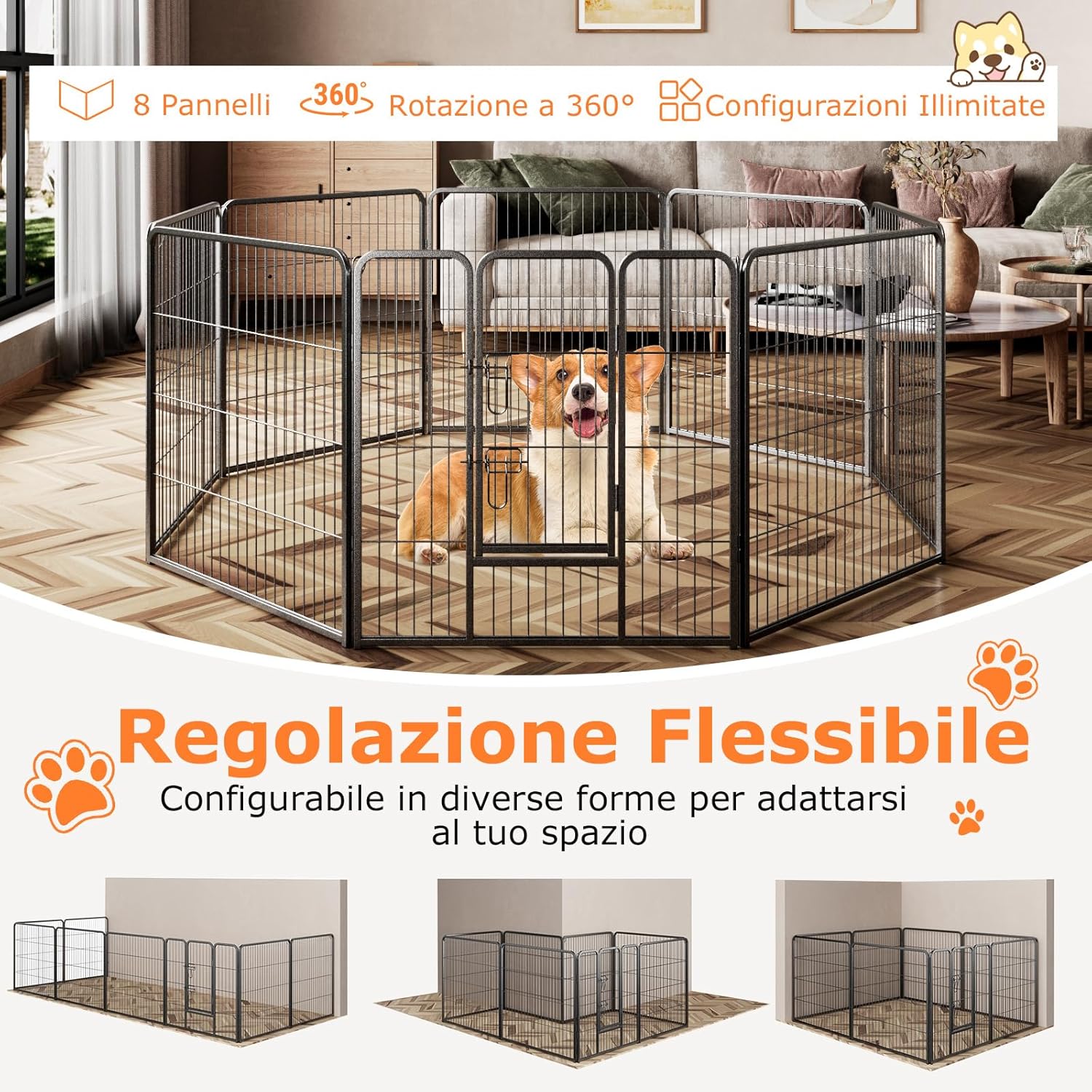 Recinto per Cani Interno ed Esterno, 8 Pannelli Altezza 60/80 CM Recinzione per Piccoli/Medi Animali/Coniglio/Gatto, Cancelletto Portatile Pieghevole con Porta (190 x 80 cm)