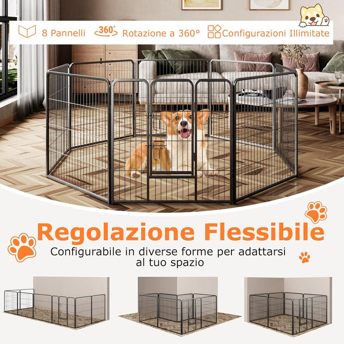 Recinto per Cani Interno ed Esterno, 8 Pannelli Altezza 60/80 CM Recinzione per Piccoli/Medi Animali/Coniglio/Gatto, Cancelletto Portatile Pieghevole con Porta (190 x 80 cm)
