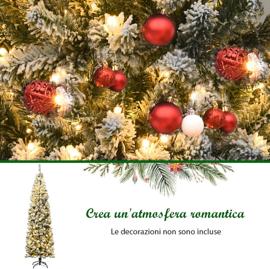 Albero di Natale Slim 135/180/225 cm, Albero di Natale Innevato con 150/250/350 Luci LED, 242/500/641 Rami e Base di Metallo, Decorazione Natalizia per Casa e Negozio (225 CM)