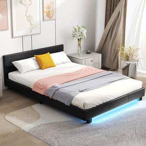 Letto Matrimoniale in Legno, Struttura per Letto Con Testiera Imbottita Luce LED Multicolore e Telecomando, Carico 200 kg, Silenzioso (Nero)