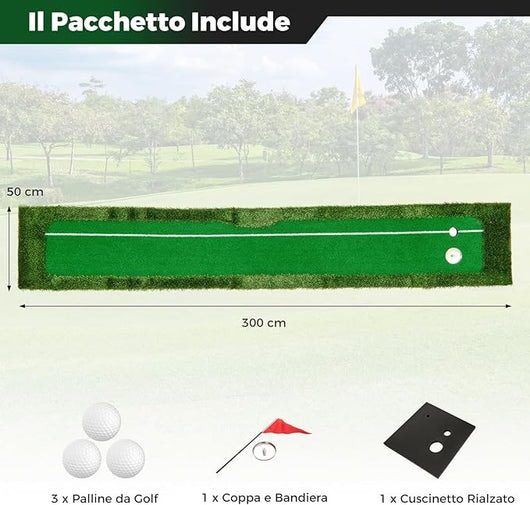 Putting Green, Tappetino da Interno ed Esterno con Erba Sintetica, 3 Palline da Golf e 2 Dimensioni di Buche, Tappetino da Golf per Casa, Ufficio e Giardino, 300 x 50 cm
