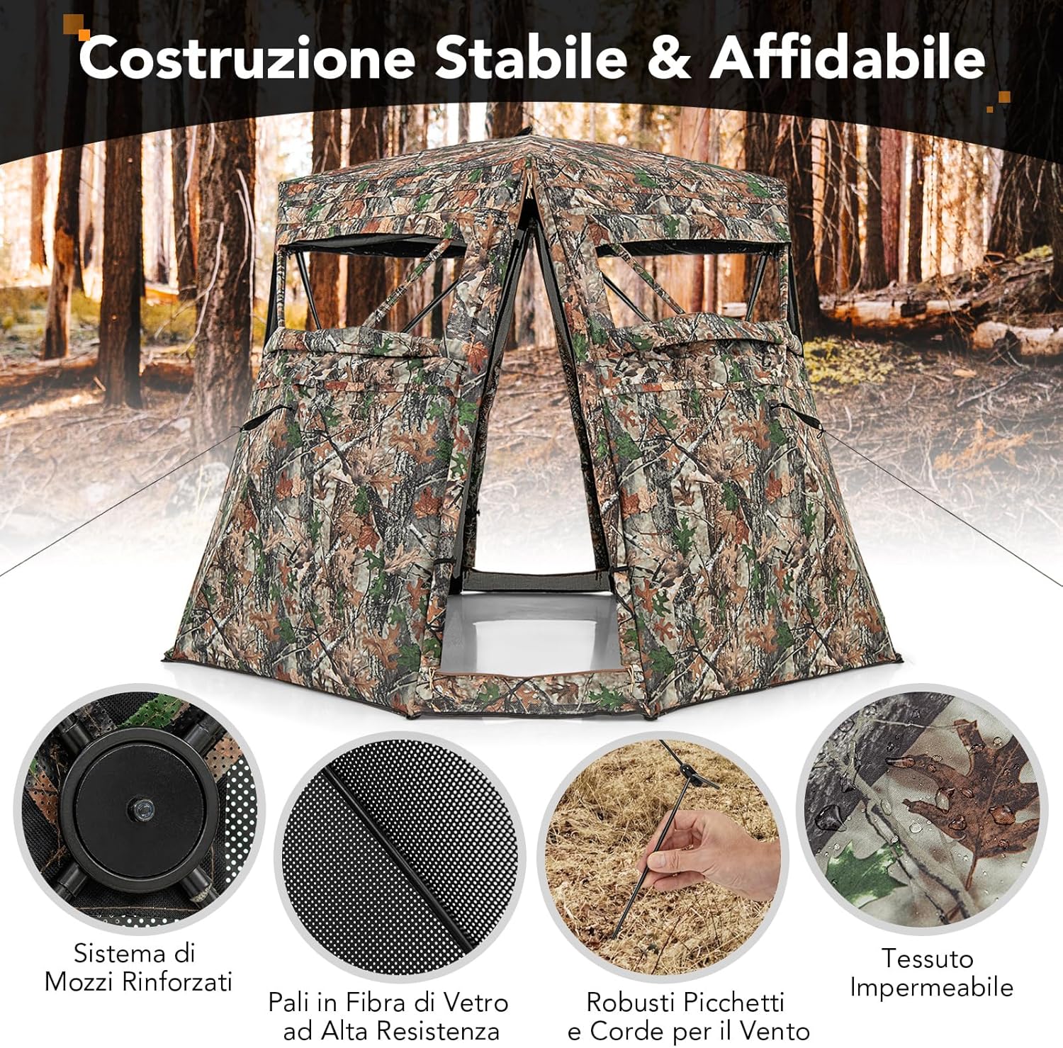Tenda da Caccia per 2-3 Persone, Tenda Mimetica a Visione a 360° Trasparente per Caccia, Tenda Pop-Up Camouflage con Borsa da Trasporto, Attrezzatura e Accessori da Caccia, 249 x 211 x 175 cm