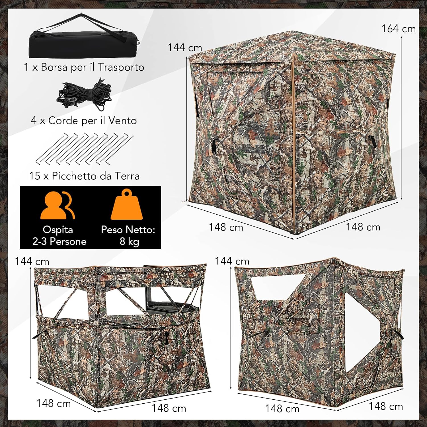 Tenda da Caccia 5 in 1 per 2-3 Persone, Tenda Mimetica a Visione a 360° per Caccia, Tenda Pop-Up Camouflage con Borsa da Trasporto, Attrezzatura Caccia Funzione da Recinto, 148 x 148 x 164 cm