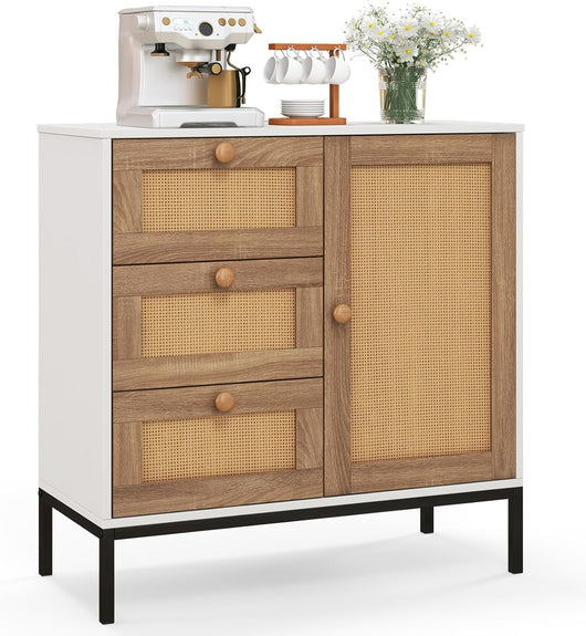 Mobile Credenza con Ante in Rattan, Mobile Buffet da Cucina con 3 Cassetti, per Cucina, Soggiorno e Ingresso, 80 x 35 x 80,5 CM