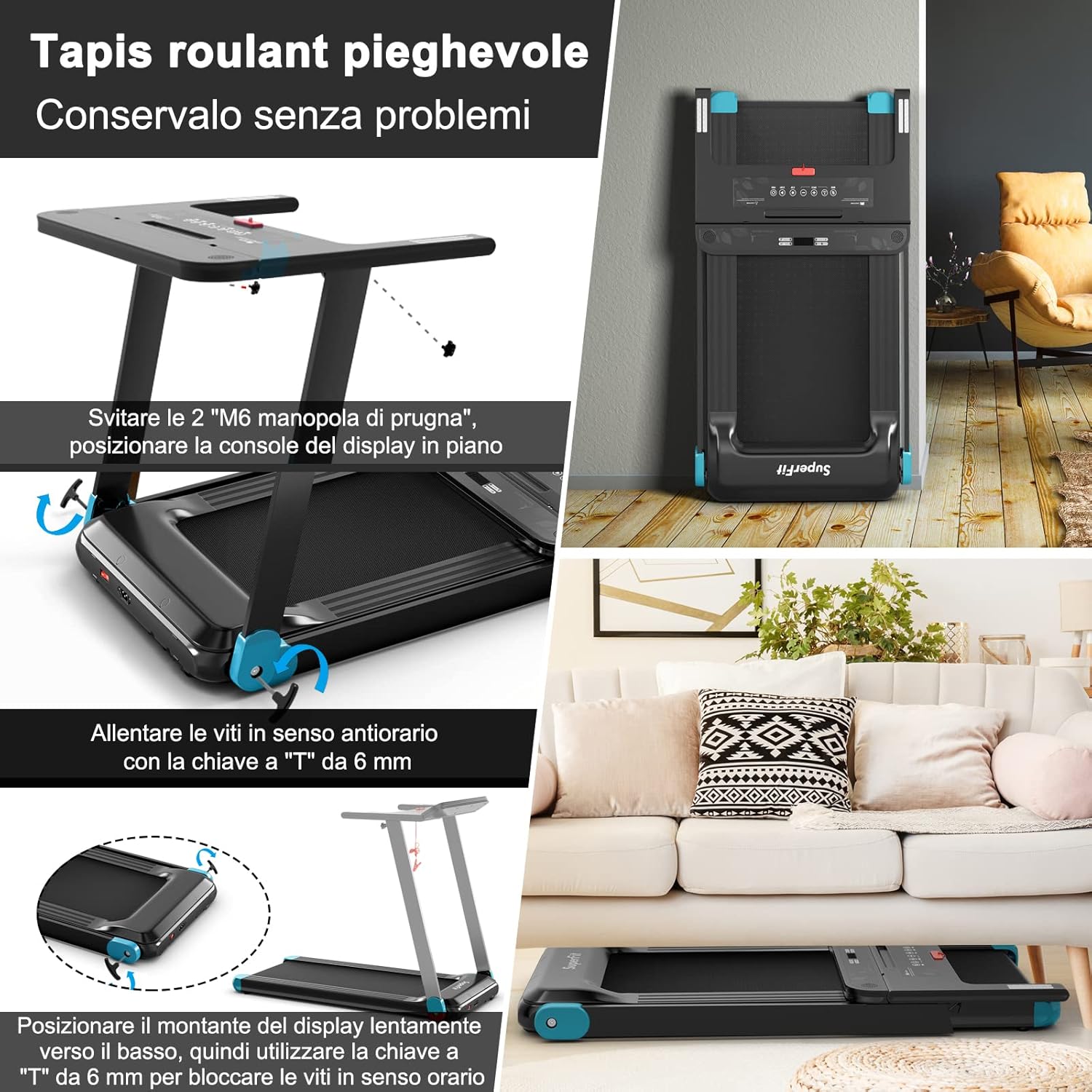 Tapis Roulant Pieghevole per Casa, con Controllo APP, 12 Programmi Preimpostati, Schermo LED e Porta Dispositivi, Velocità 0-12 km/h, Portata 90kg