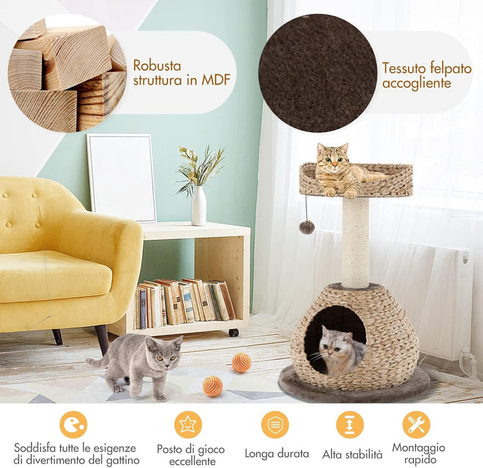 Tiragraffi per Gatti Piccoli, Tiragraffi Gatto con Cuccia, Piattaforma, Pallina e Palo Tiragraffi in Sisal Naturale, Albero Tiragraffi da Divano, Salotto e Camera da Letto, 48 x 48 x 70,5 cm