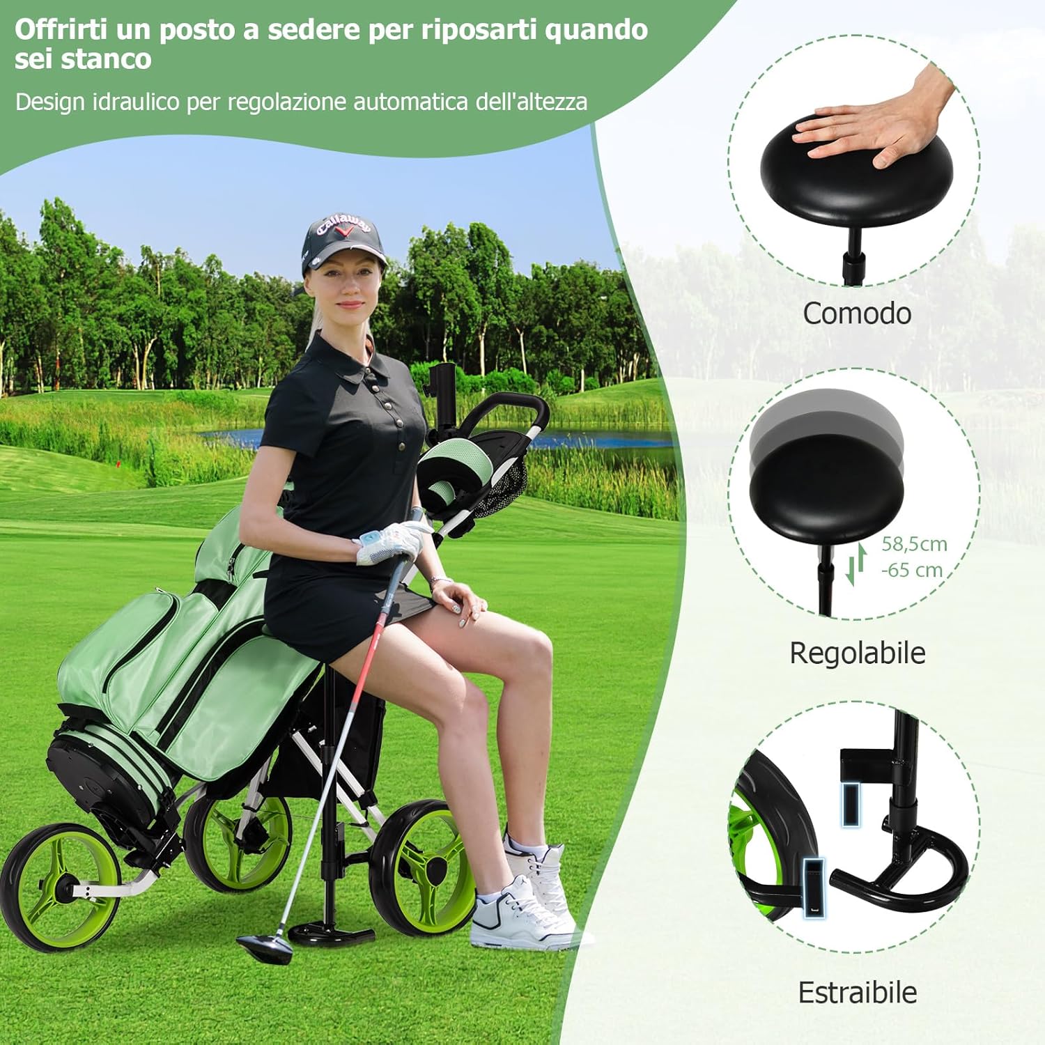Carrello da Golf Pieghevole con 3 Ruote, Trolley da Golf Altezza Regolabile di Alluminio con Sedile, Porta Ombrello e Porta Bevande