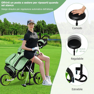 Carrello da Golf Pieghevole con 3 Ruote, Trolley da Golf Altezza Regolabile di Alluminio con Sedile, Porta Ombrello e Porta Bevande