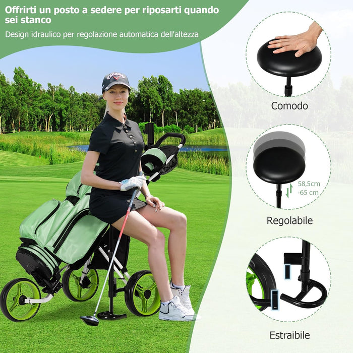 Carrello da Golf Pieghevole con 3 Ruote, Trolley da Golf Altezza Regolabile di Alluminio con Sedile, Porta Ombrello e Porta Bevande