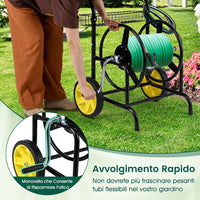 Carrello Avvolgitubo da Giardino, Capacità di 70 m per Tubi da 20 mm, Carrello per Tubo da Esterno in Metallo Robusto con 2 Ruote e Cestino Portaoggetti, per Giardino, Prato e Patio (Nero)