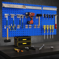 Kit 3 Pannelli Porta Attrezzi da Parete 60 x 40 cm, Pannello Forato Portaoggetti con 24 Ganci e Supporti, Pannello Portautensili per Officina e Garage (Blu)