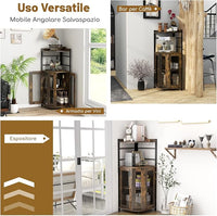 Mobile Bar Angolare, Mobiletto Multiuso con Porta Bicchieri, 2 Porte Ventilate in Rete Metallica e Ripiano Regolabile, per Cucina, Sala da Pranzo e Soggiorno (Marrone)