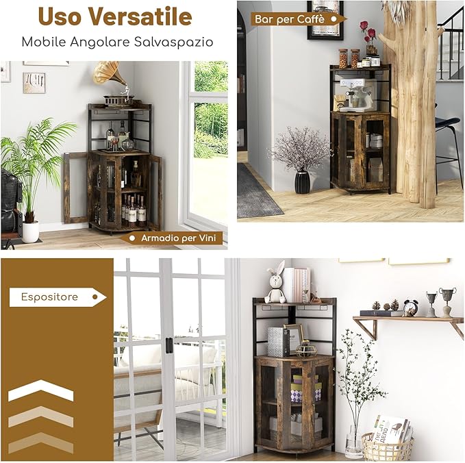 Mobile Bar Angolare, Mobiletto Multiuso con Porta Bicchieri, 2 Porte Ventilate in Rete Metallica e Ripiano Regolabile, per Cucina, Sala da Pranzo e Soggiorno (Marrone)