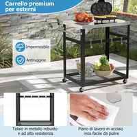 Carrello Grill da Esterno a 2/3 Piani, Supporto per Forno per con Piano e Maniglia in Acciaio Inossidabile, Carrello per Barbecue con Ganci e Ruote, Multiuso(2 Livelli)