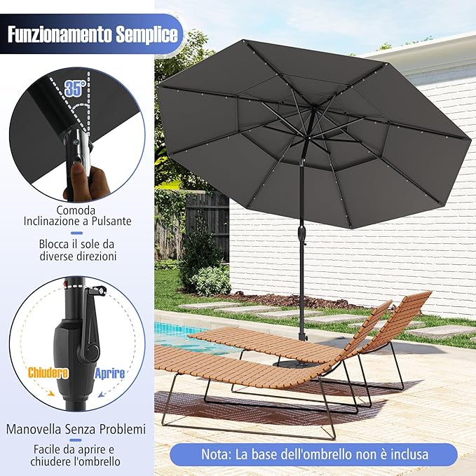 Ombrellone da Patio 313 cm con 32 Luci LED, Tetto Ventilato a 3 Piani, Inclinazioni Regolabili, Manovella, 8 Stecche, Ombrellone da Giardino, Piscina, Spiaggia