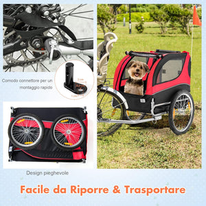 Rimorchio Bici per Animali, Carrello per Bicicletta per Cani di Piccola e Media Taglia con Ruote da 50cm e Tettuccio Apribile, Portata 40 kg, 60,5 x 135 x 95 cm (Rosso)