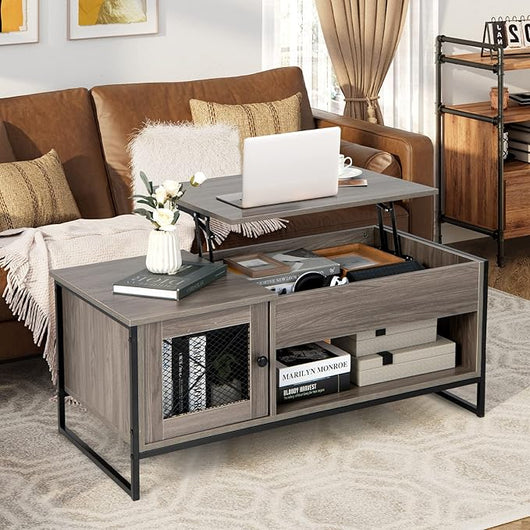 Tavolino da Salotto in Legno, Tavolino Basso Sollevabile con Scompartimento Nascosto, Tavolino da Divano Moderno per Soggiorno e Ufficio, 104 x 55 x 58 cm, Grigio