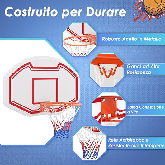 Tabellone Basket a Muro Interno ed Esterno, Canestro da Basket a Parete con Tabellone Anti-Rottura da 91 x 61 cm, Rete Resistente e Cerchio Standard da 45 cm