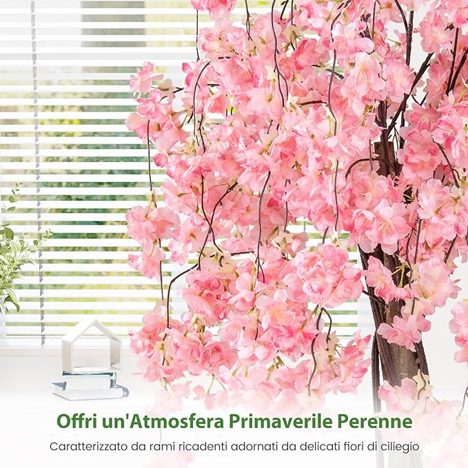 Albero di Ciliegio Artificiale 163 CM, Pianta Finta da Interno con Vaso in PP Riempito con Cemento, Fiori in Tessuto, Decorazione per Ufficio, Casa e Veranda (Rosa)