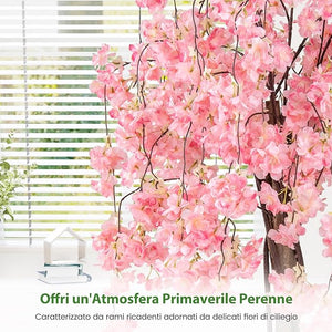 Albero di Ciliegio Artificiale 163 CM, Pianta Finta da Interno con Vaso in PP Riempito con Cemento, Fiori in Tessuto, Decorazione per Ufficio, Casa e Veranda (Rosa)