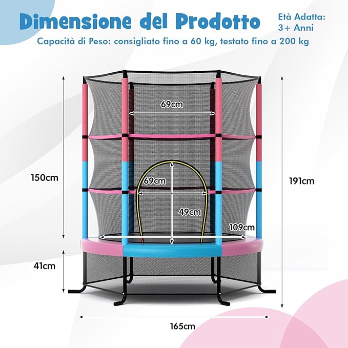 Trampolino Elastico Bambino in Acciaio, Tappeto Elastico Bambini da Esterno e da Interno, con Rete e Cusicnetti Antiscivolo