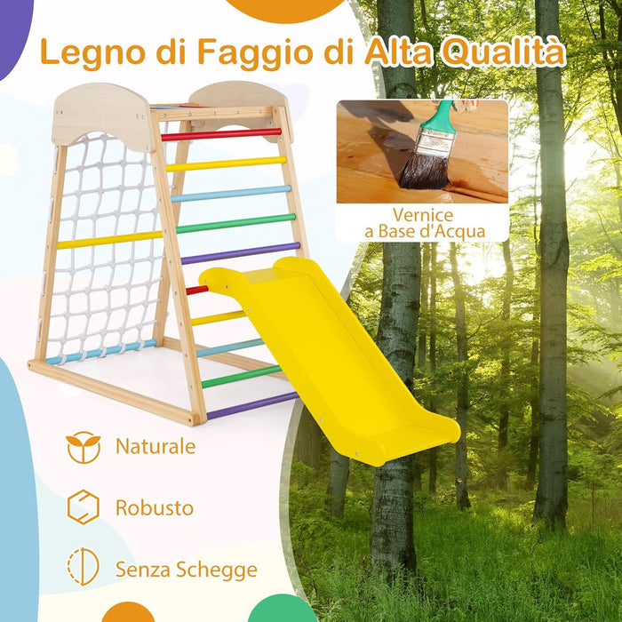 Set Arrampicata 4 in 1, Parco Giochi Interno in Legno con Sbarre Rete da Arrampicata e Scala da Arrampicata, per Bambini 1 Anno+ (colorato)