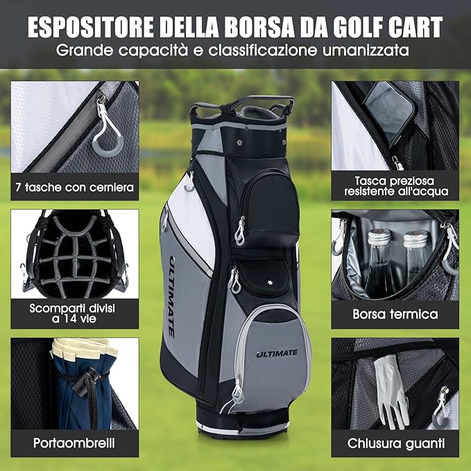 Borsa da Golf con 14 Divisori, Sacca per Mazze da Golf con Borsa Termica, Cappuccio Impermeabile, Maniglie e Tracolla, Ideale per Uomini e Donne, Nero e Grigio