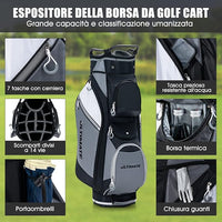 Borsa da Golf con 14 Divisori, Sacca per Mazze da Golf con Borsa Termica, Cappuccio Impermeabile, Maniglie e Tracolla, Ideale per Uomini e Donne, Nero e Grigio