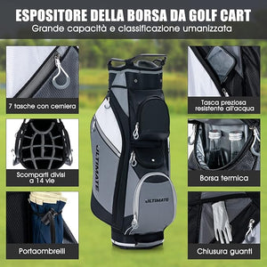 Borsa da Golf con 14 Divisori, Sacca per Mazze da Golf con Borsa Termica, Cappuccio Impermeabile, Maniglie e Tracolla, Ideale per Uomini e Donne, Nero e Grigio