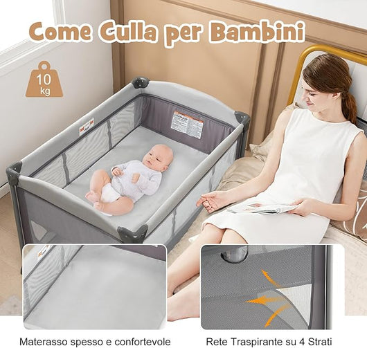 Lettino da Campeggio con Materasso, Lettino Pieghevole per Bambini con Fasciatoio, Culla da Viaggio con Ruote, Giocattolo, Lettino Bambini Staccabile, per Bambini 0-36 Mesi (Grigio)