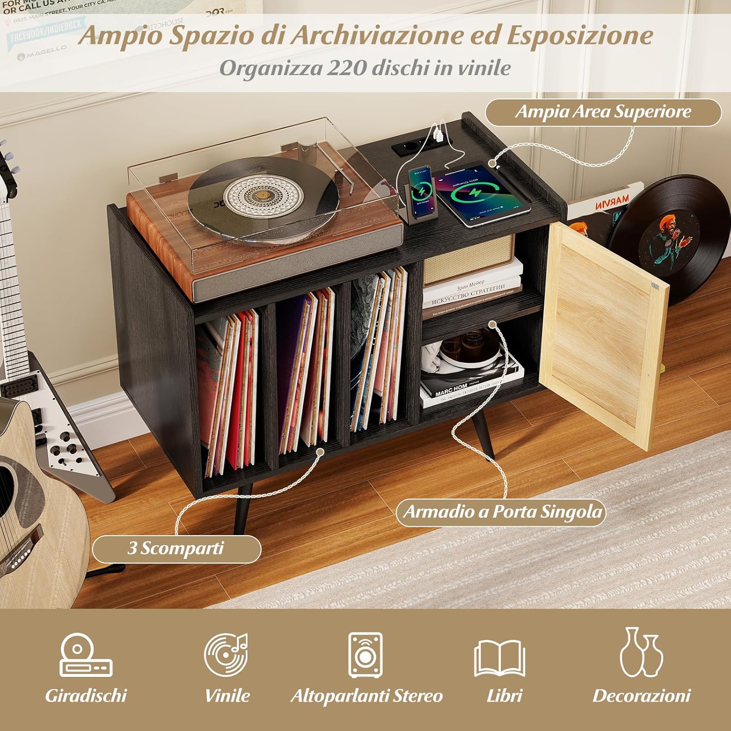 Supporto per Giradischi con Stazione di Ricarica, Credenza per Giradischi con Armadietto di Rattan, Mensole Regolabile, per 220 Album, Mobile Cucina Salvaspazio per Vinile (Nero)