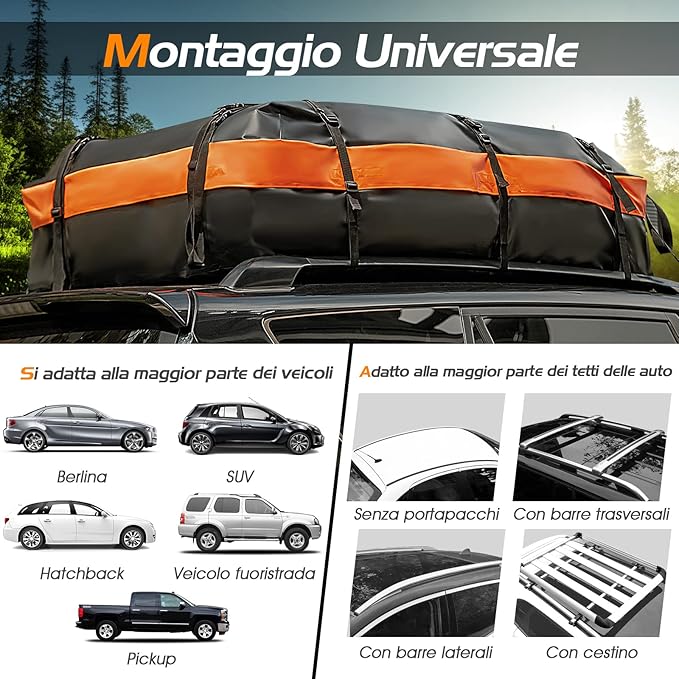 Borsa da Tetto per Auto, 600L PVC Box da Tetto Auto Universale Impermeabile, Sacca da Tetto di Vettura con Tappetino Antiscivolo, 10 Cinghie Rinforzate e 6 Ganci Porta (Modello 3)