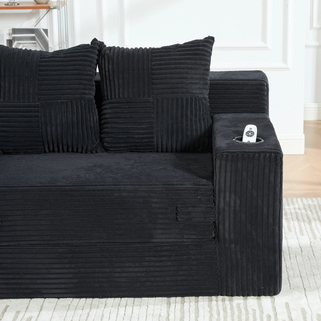 Divano pouf 151x133x64 cm con tasche laterali in velluto a coste nero