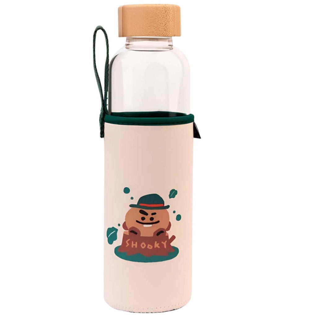 Borraccia in vetro riutilizzabile da 500 ml con motivo SHOOKY e custodia Bianco / Verde Line Friends BT21
