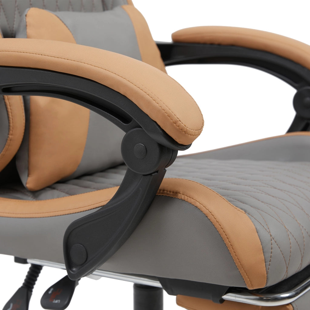 Sedia gaming ergonomica in PVC grigio e marrone con schienale imbottito, tasca posteriore e base in metallo KD