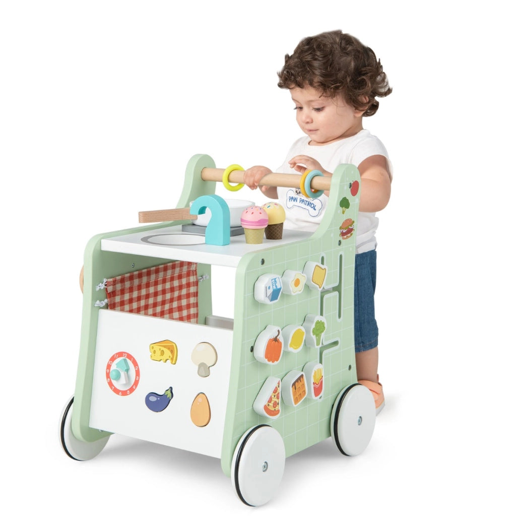 Primi passi per bambini in legno 6 in 1, Carrellino primi passi per spingere e tirare con cucina giocattolo Verde-Primi passi