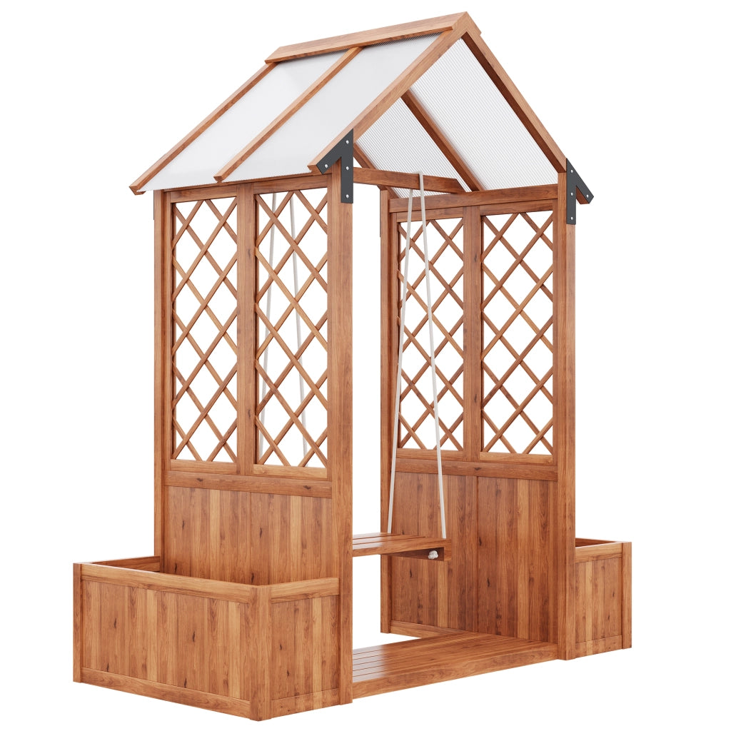 Panca da giardino con pergola in legno marrone per piante rampicanti e uso all'aperto