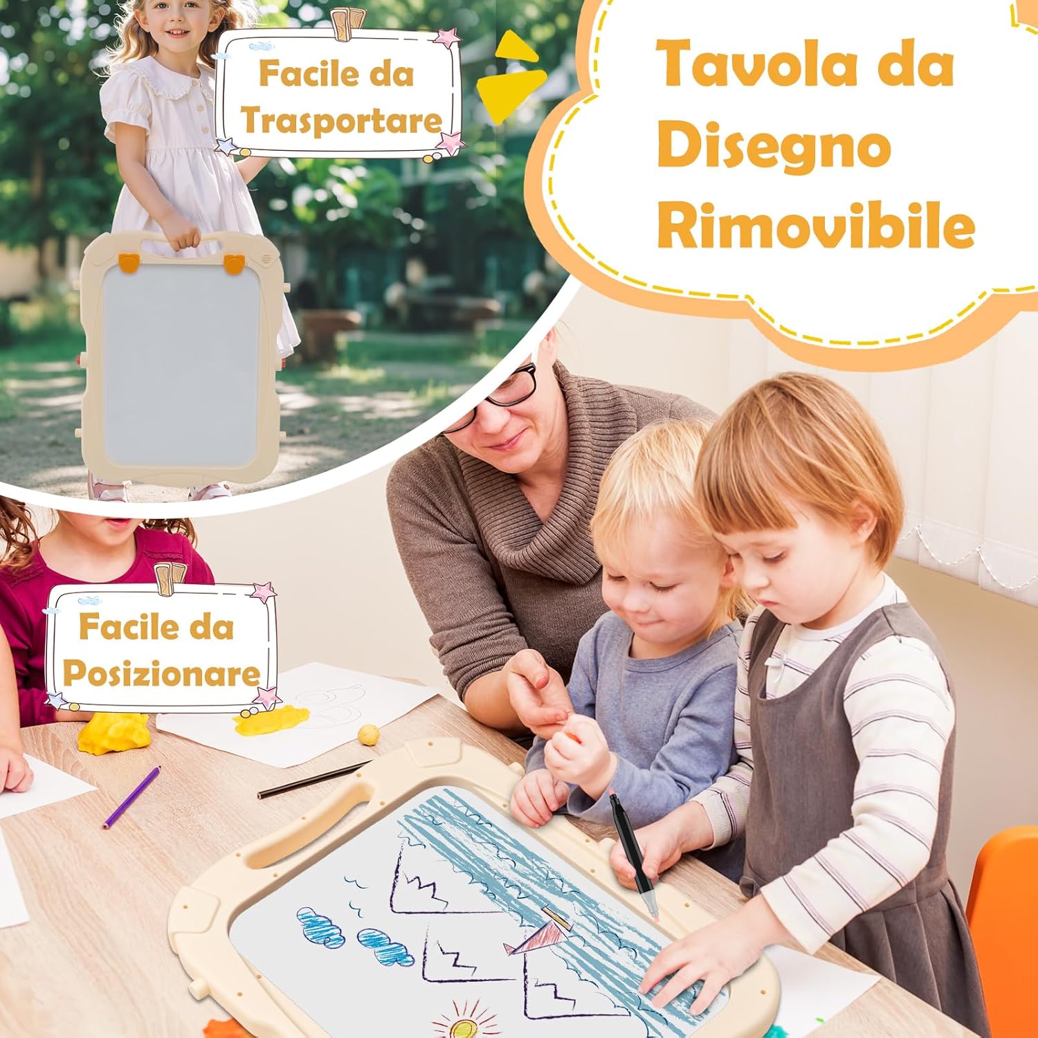 Cavalletto per Bambini, Lavagna Magnetica a Doppia Faccia Regolabile in Altezza, Tavolo da Disegno Staccabile con Manico Portatile e 2 Tazze, per Bambini 3 Anni + (Arancia)