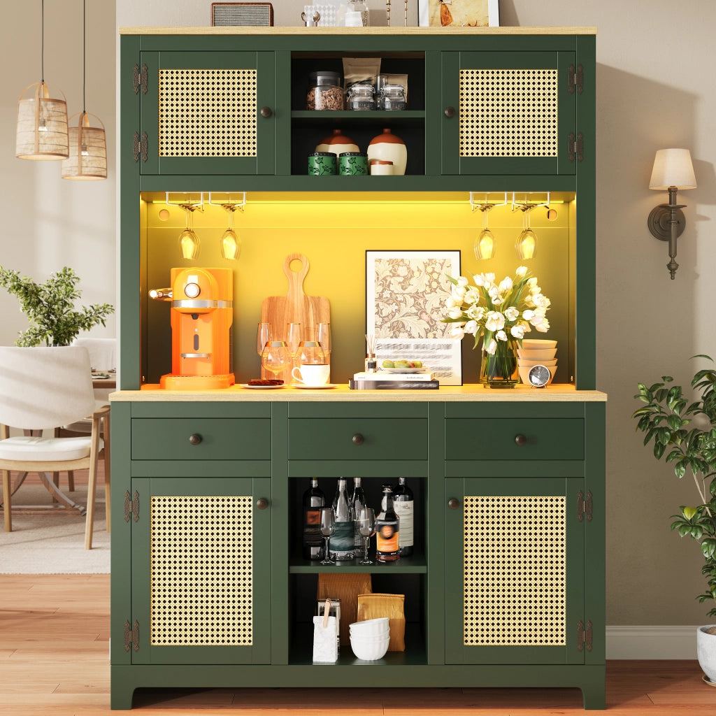 Mobile alto multifunzione in MDF con ante in PE rattan, sistema luci USB opzionale, 120x40x180 cm, Verde Antico