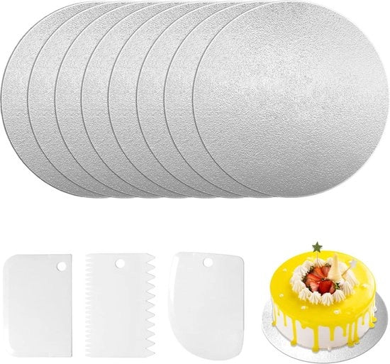 Supporto per torta circolare Ø 25 cm/9.9 pollici - 8 supporti per torta riciclabili in argento - trasporto torta - piatto per torta in cartone - 3 set di raspati per torta