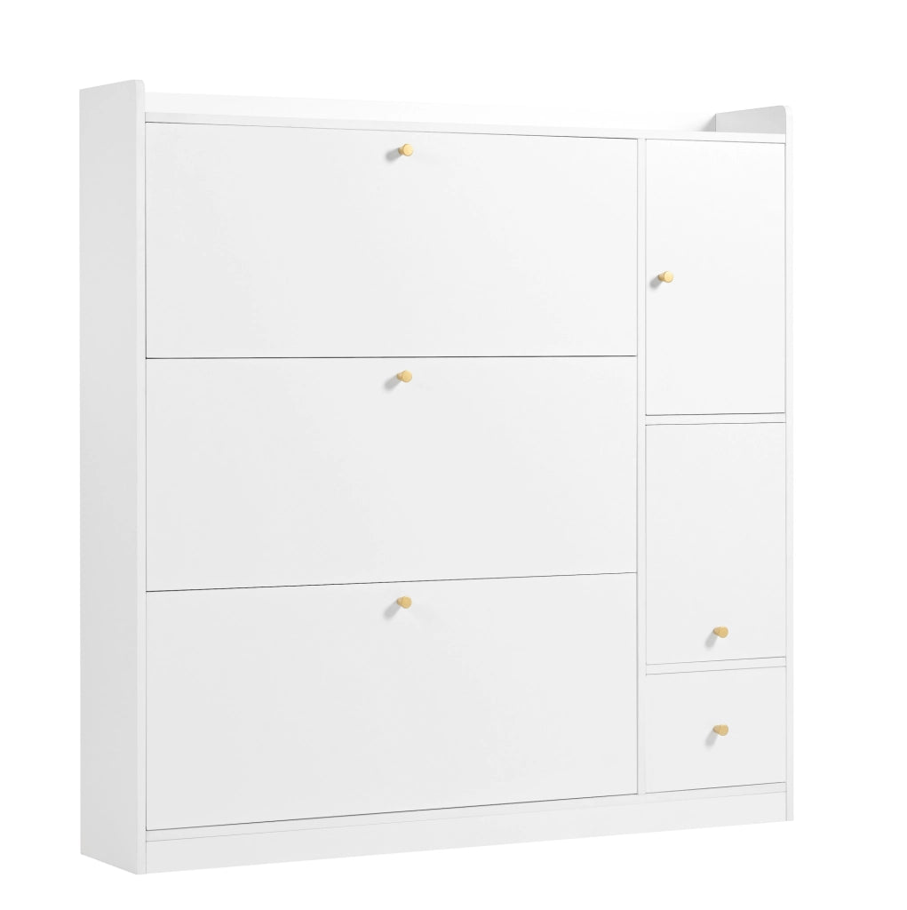 Scarpiera 119x24x122 cm con 3 cassetti a ribalta e panca richiudibile; pannello truciolare bianco