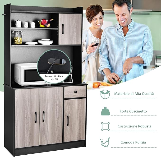 Armadio da Cucina Alto 180 CM, Credenza Alta da Cucina con Armadietti e Cassetto, Stazione di Ricarica Integrata, Ripiani Regolabili, 100 x 40 x 180 cm (Nero)