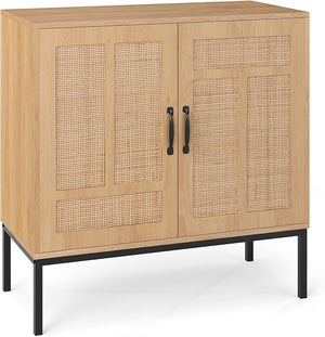 Credenza da Cucina, Armadio con 2 Ante Intrecciate in Rattan, Ripiano Regolabile a 3 Posizioni, Armadietto Boho per Cucina, Sala da Pranzo, Soggiorno e Corridoio, 80 x 38 x 81 cm (Naturale)